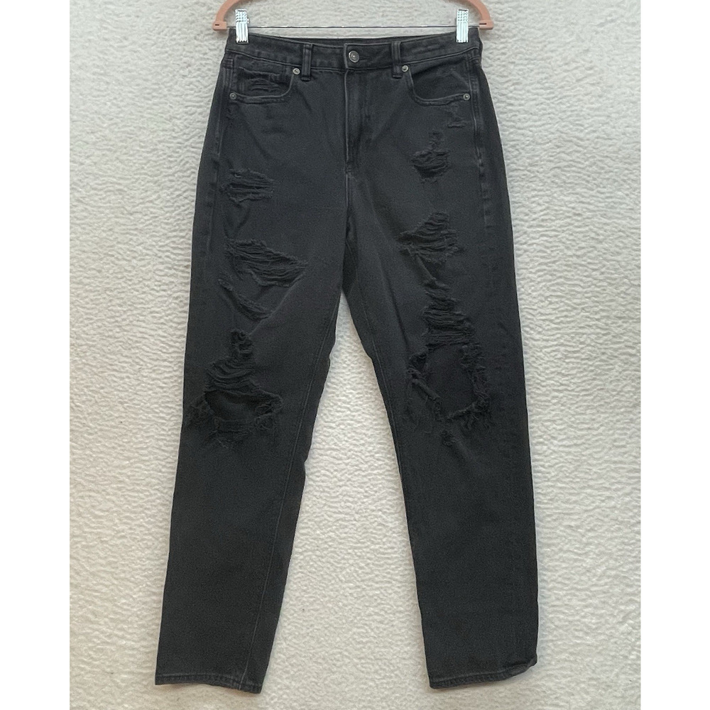 American Eagle Jeans Womens 6 Black Mom Straight Jean Denim Thrashed 90s Stretch